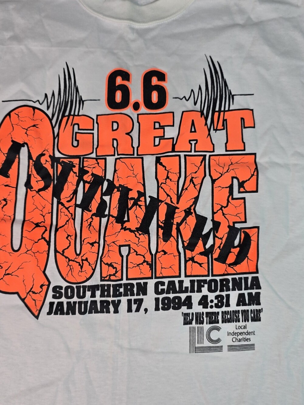 VTG NWOT Survived 6.6 Great Quake California 90s Single Stitched Shirt Lg - Picture 2 of 8